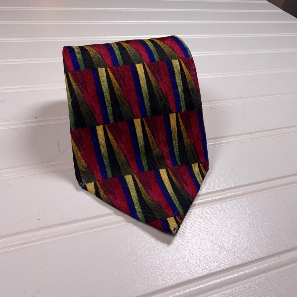 Vintage 90s Frank Sinatra Mens Silk Necktie Geometric Abstract Red Blue Gold USA